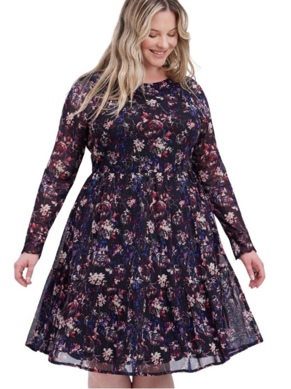 Torrid Size 4X dark floral mesh long-sleeve skater mini dress Whimsigoth